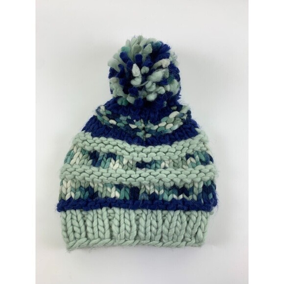 North Face Nanny Knit Beanie Blue Striped Chunky Pom Pom NF00A9EW Adult One Size - Picture 3 of 11